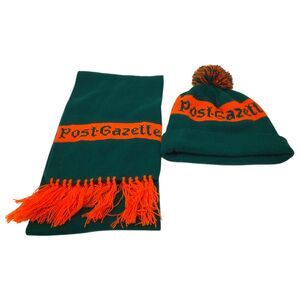 Vintage Post Gazette Newspaper Beanie Hat Skull Cap & Scarf Green and Orange NEW